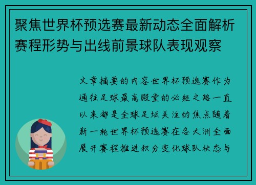 聚焦世界杯预选赛最新动态全面解析赛程形势与出线前景球队表现观察